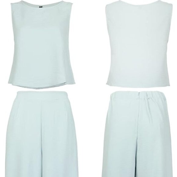 Summer 2 Piece Outfits Crop Basic Top Cropped Wide Leg pants Set Jumpsuit - Picture 4 of 4